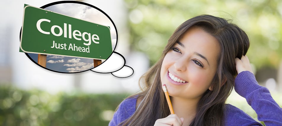 High school student daydreaming with thought bubble above head displaying the words ‘College Just Ahead’
