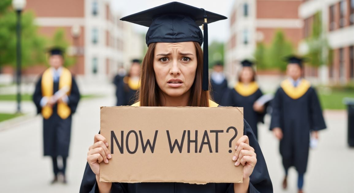 Female college student wearing graduation cap and holding a sign that says Now What?