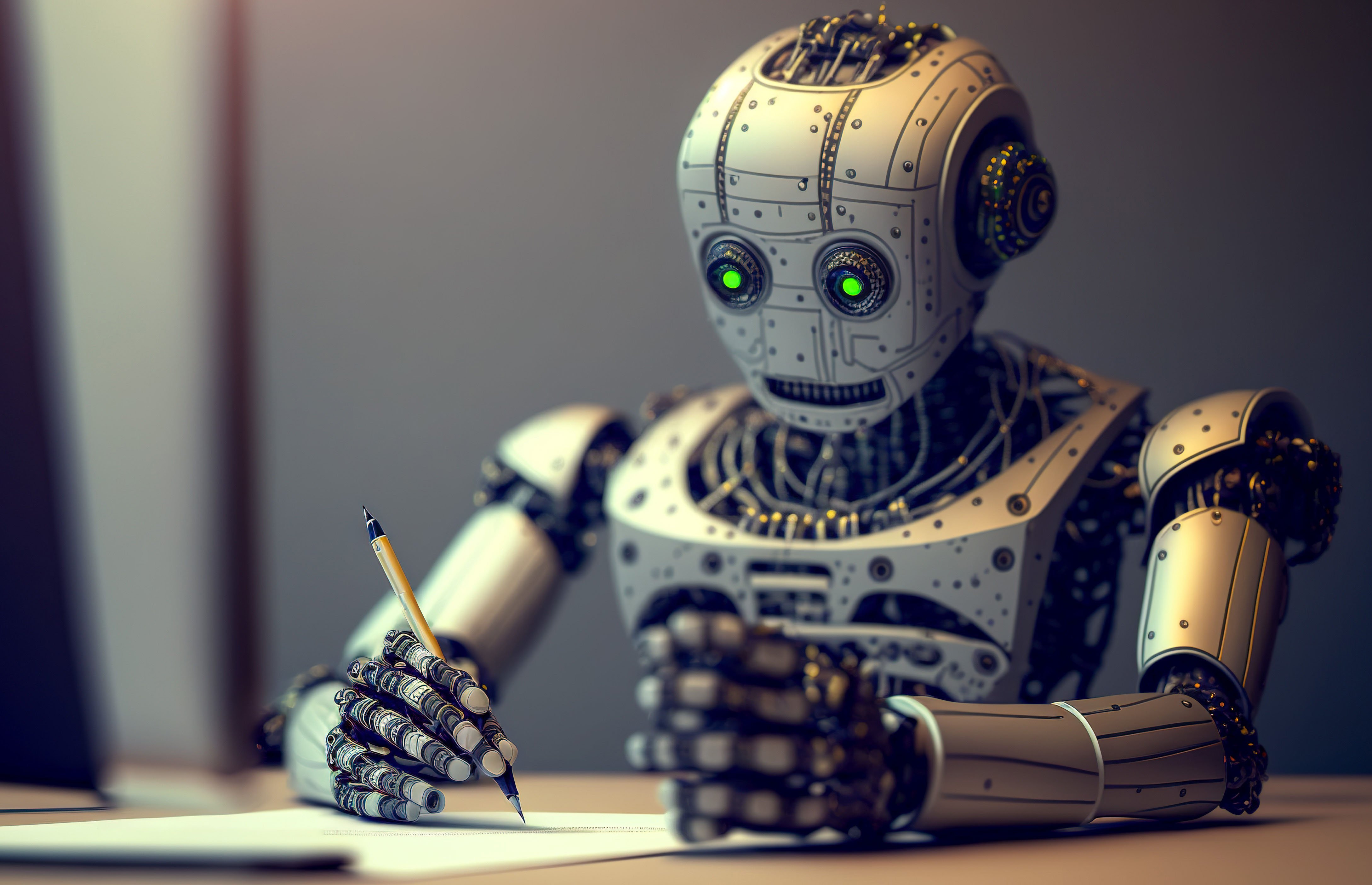 A human-like robot sitting at a desk, completing a college application