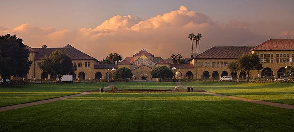 college campus at sunset