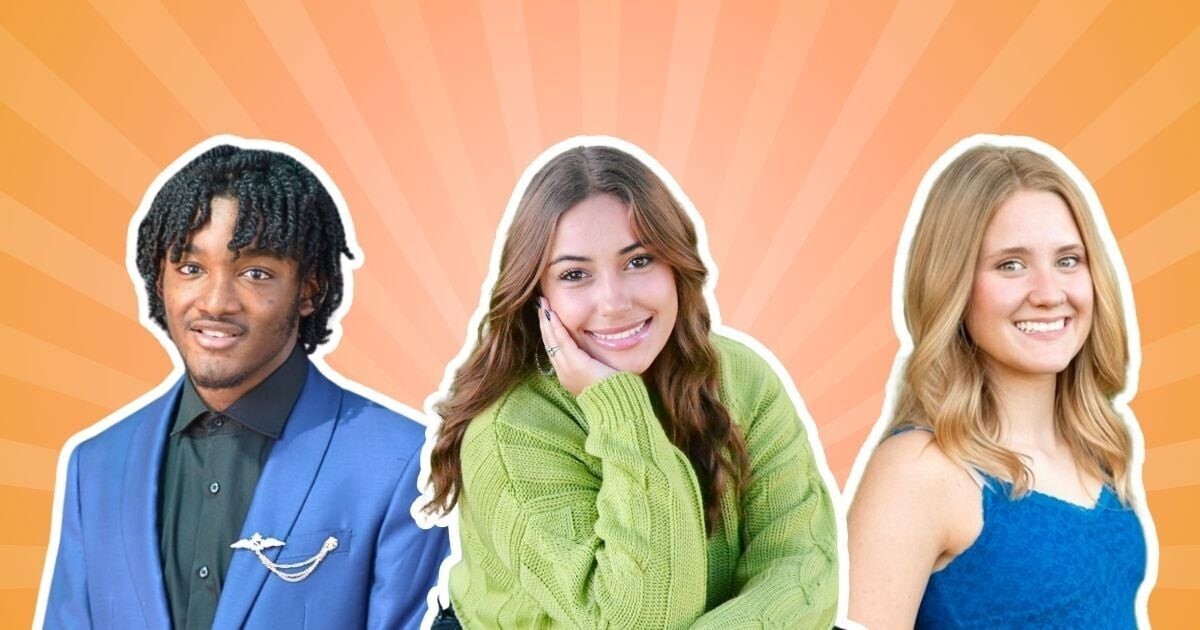  Group of three smiling colleges students, one male and two female